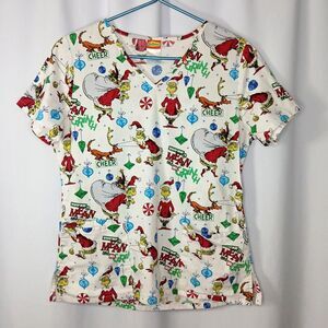 Dr. Seuss Grinch V-neck Scrub Top Christmas Holiday Cotton Short Slv Womens Smll
